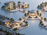 A central leadership pavilion linked by gated bridges to offices, an AI workshop, logistics facilities and a team testing a model of connected businesses.