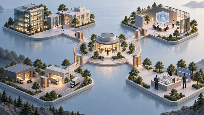 A central leadership pavilion linked by gated bridges to offices, an AI workshop, logistics facilities and a team testing a model of connected businesses.